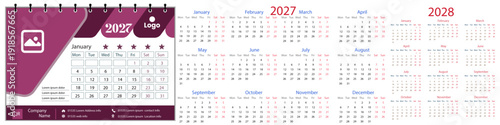 English calendar 2027 and 2028 year starting weak from Monday to Sunday