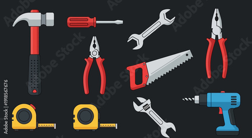 Wallpaper Mural Flat Design Construction Tools Set. Vector Illustration of Hammer, Screwdriver, Wrench, Pliers, Saw, Measuring Tape & Drill for DIY, Home Repair, and Building Projects. Torontodigital.ca