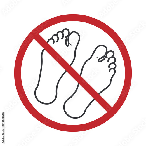 Isolated prohibition sign showing bare feet crossed out with red circle and diagonal line, symbolizing footwear requirement for hygiene and safety.