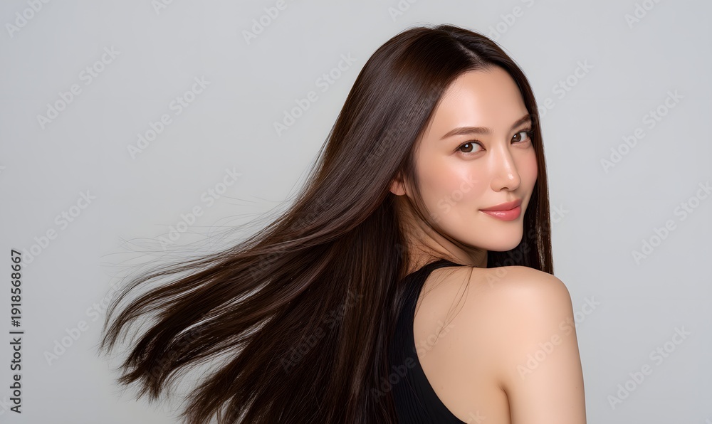 Fototapeta premium beauty portrait of a young Asian woman, long straight glossy brown hair flowing dynamically behind her