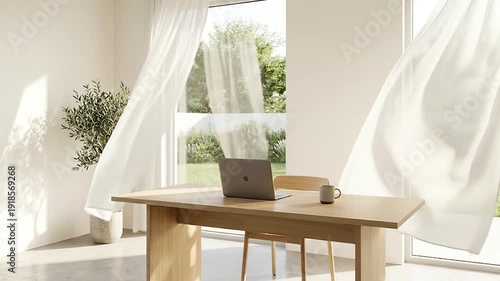 Sunny Home Office Laptop on Desk with Garden View and Airy White Curtains.