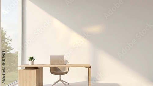 Modern workspace with sunlight streaming through window with minimal office design.