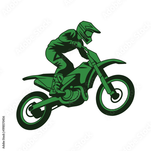 Dynamic green silhouette illustration of a motocross rider on a dirt bike in mid-air, performing an extreme jump.
