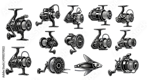 Collection of Fishing Reels and Lure - Vintage Sketch Style