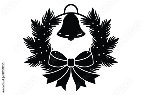 Beautifully crafted pine wreath adorned with golden bells and a festive ribbon, perfect for elegant Christmas and holiday card designs.