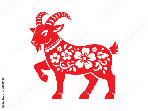 Red Chinese Zodiac Goat Illustration - Lunar New Year Paper Cut Style Ram, Sheep Vector with Floral Patterns Isolated on White Background