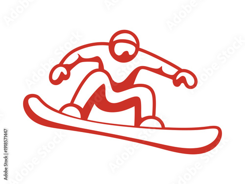 A stylized red outline illustration of a snowboarder in action, riding a snowboard on a white background, depicting winter sports and leisure.