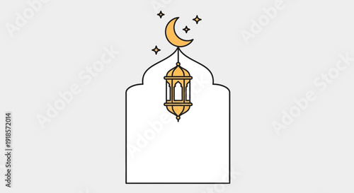 Minimalist Islamic arch with glowing lantern, crescent moon, and stars vector graphic design element