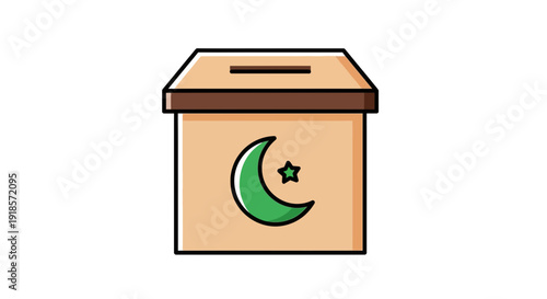 Vector illustration of an Islamic community ballot or donation box icon, featuring a crescent moon and star symbol for cultural events
