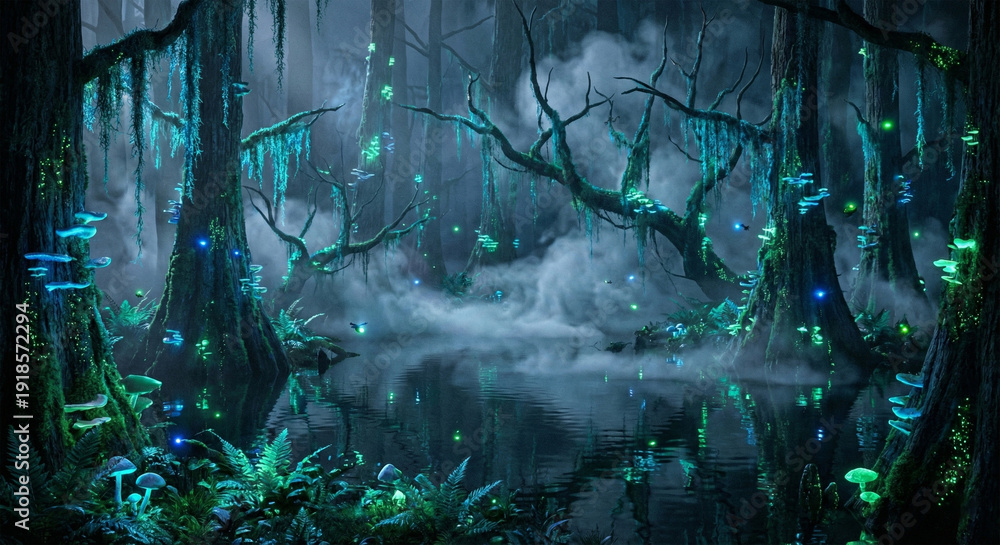 Fototapeta premium Enchanted Swamp Forest with Glowing Blue Mushrooms and Fireflies at Night