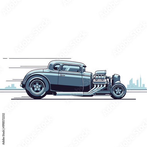 Vintage Hot Rod Car Speeding with Cityscape Background Vector Illustration