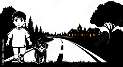 A silhouette illustration of a woman and her dog under a park tree in London with Big Ben and the England skyline in the background