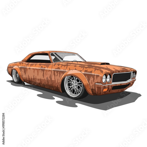 Retro Muscle Car with Rusty Patina, Custom Wheels, and Slammed Suspension