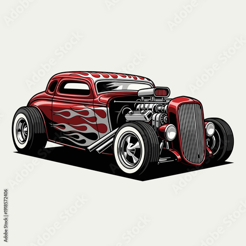 Vintage Red Hot Rod Car with Flames and Exposed Engine - Classic Custom Vehicle