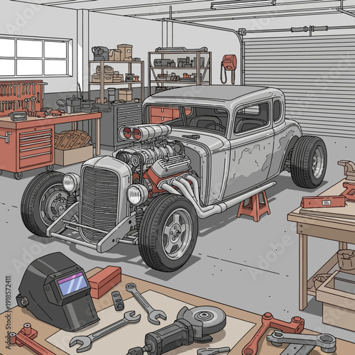 Vintage Hot Rod Car in Garage Workshop with Tools and Parts