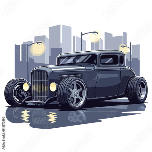 Classic Hot Rod Car on City Street at Dusk, Retro Vehicle