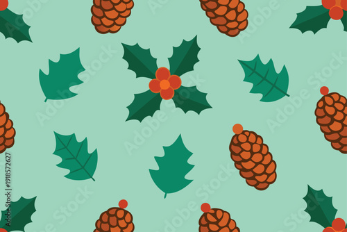 Festive seamless pattern with pinecones and holly berries, a classic holiday design element for Christmas textiles, stationery, and more.
