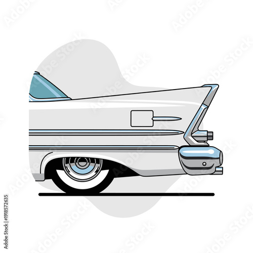 Retro white car tail fin and wheel detail, vintage automobile