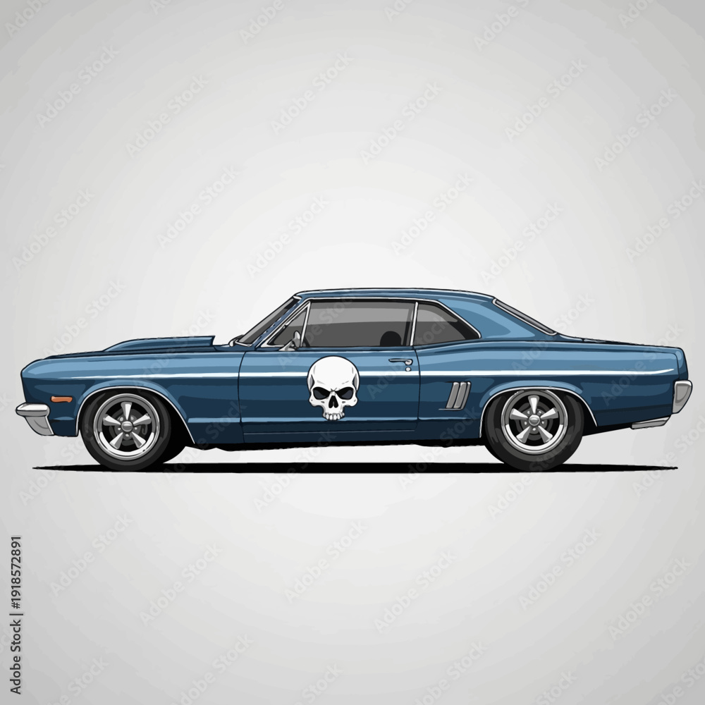 Fototapeta premium Blue Classic Muscle Car with Skull Decal