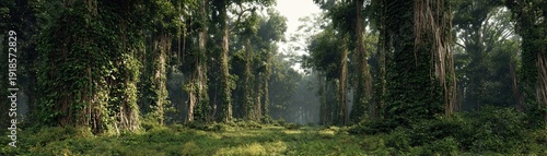 A dense forest pathway surrounded by tall trees covered in vines and lush greenery under a cloudy sky.