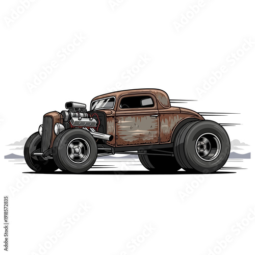 Vintage Hot Rod Car, Rusted Classic Coupe with Exposed Engine, Fast Motion