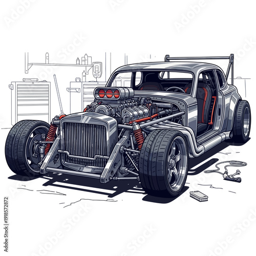 Custom Hot Rod Car with Powerful Engine and Racing Spoiler in Garage