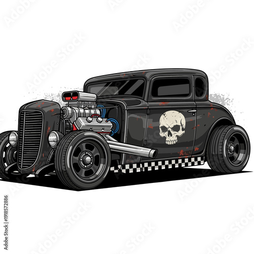 Vintage Hot Rod Car with Skull Decal and Exposed Engine