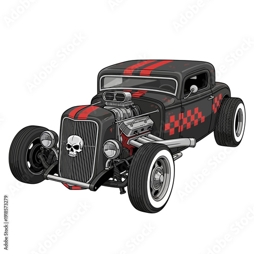 Custom Hot Rod Car with Skull Grille and Racing Stripes
