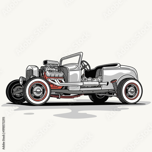 Classic Hot Rod Car Illustration - Silver Roadster with Exposed Engine