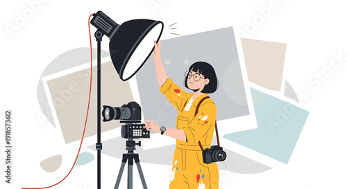 Photographer Adjusting Studio Light Setup with Camera