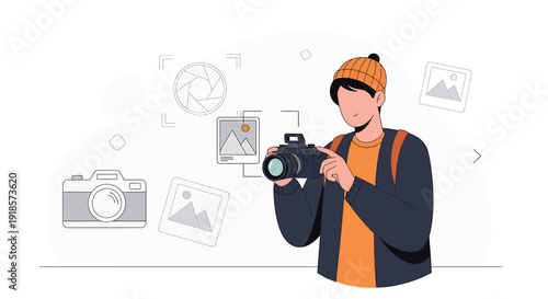 Photographer Capturing Images with Camera, Illustration