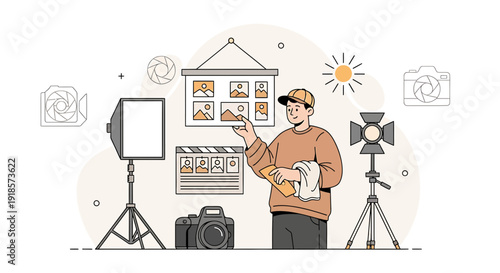 Photographer Arranging Photo Display with Studio Lighting and Camera Gear