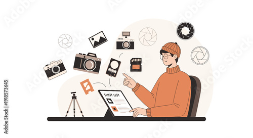 Photographer Planning Shoot With Tablet, Camera Gear and Shot List