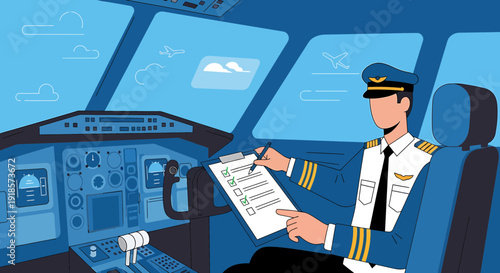 Pilot in Cockpit Checking Flight Checklist, Aviation Journey Concept