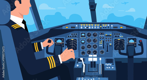 Pilot flying airplane cockpit, controlling aircraft, aviation, flight, travel concept