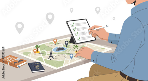 Planning a Trip: Map, Tablet Checklist, Passport, and Travel Guide