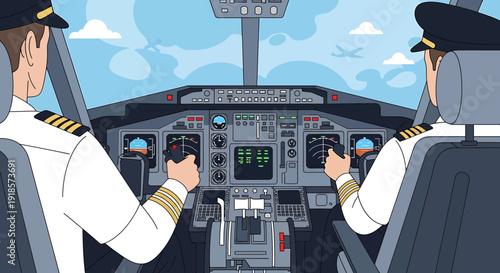 Pilots in Cockpit Flying Airplane Above Clouds