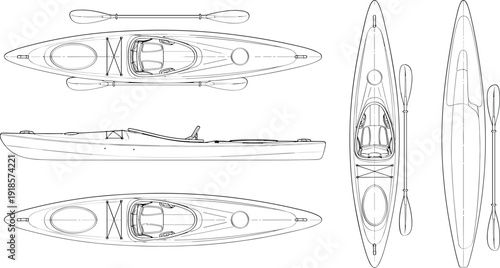Technical kayak blueprint illustration, top side front views, detailed watercraft line drawing, marine design plan, paddling boat schematic, on white