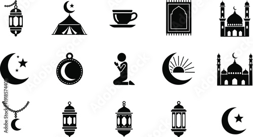 Ramadan and Islamic religious icon set featuring mosque crescent moon lantern prayer and traditional faith symbols in black silhouette vector style