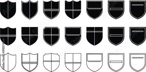 Shield emblem icon set featuring security protection badges and heraldic shapes in solid and outline black vector styles