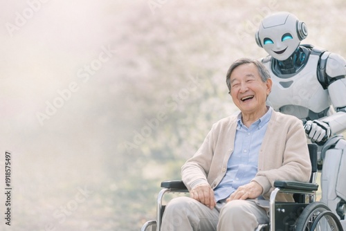 シニア男性の車椅子を押す笑顔のフィジカルAI(AIロボット)
nursing care
Physical AI 
AI Robot