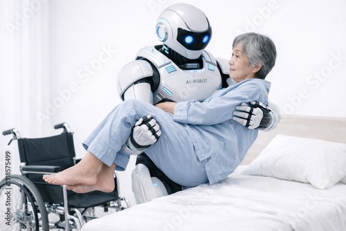 シニア女性を車椅子からベッドへ移す介護士のフィジカルAI(AIロボット)
nursing care
Physical AI 
AI Robot