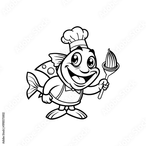A cheerful cartoon fish chef mascot wearing a hat and apron, holding a lemon squeezer, in black and white line art.
