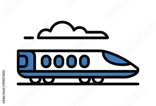 Stylized blue and white bullet train icon with a cloud above, representing high-speed travel and modern transportation.