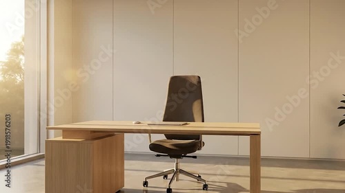 Modern office space with wooden desk with chair, window, and and plant Bright interior.