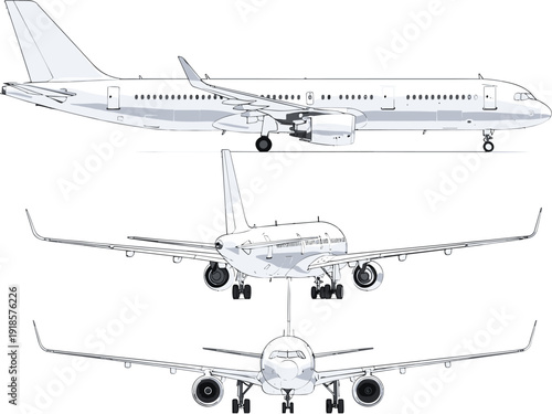 Commercial passenger airplane blueprint vector, aircraft side front rear views, aviation engineering illustration, isolated transport jet, technical drawing, airline concept