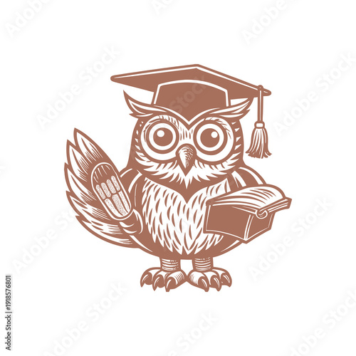 Wise owl wearing a graduation cap, holding a book and quill, symbolizing education and knowledge.