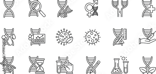 Genetics and biotechnology icon set featuring DNA research medical science laboratory analysis and bioengineering symbols in clean outline vector style
