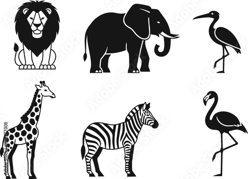 Black and white safari animal vector icon set featuring a lion, elephant, stork, giraffe, zebra, and flamingo, isolated on white background, graphic illustration.