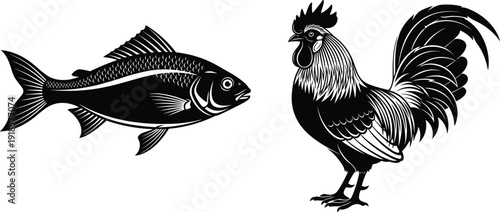 Black and white vector illustration of a fish and a rooster, classic tattoo style designs representing marine life and farm animals on white background.